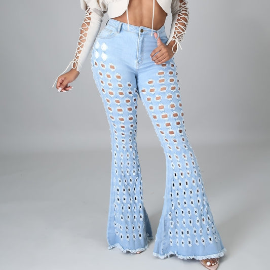 Denim Women's Washed Cut-Out Hole Pattern Stretch Bell-Bottom Flared Jeans