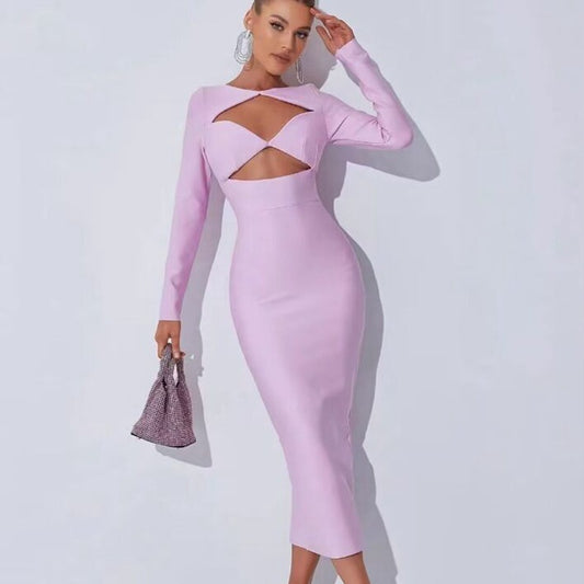 Cut-Out Skinny Long Sleeve Solid Color Formal Maxi Party Dress