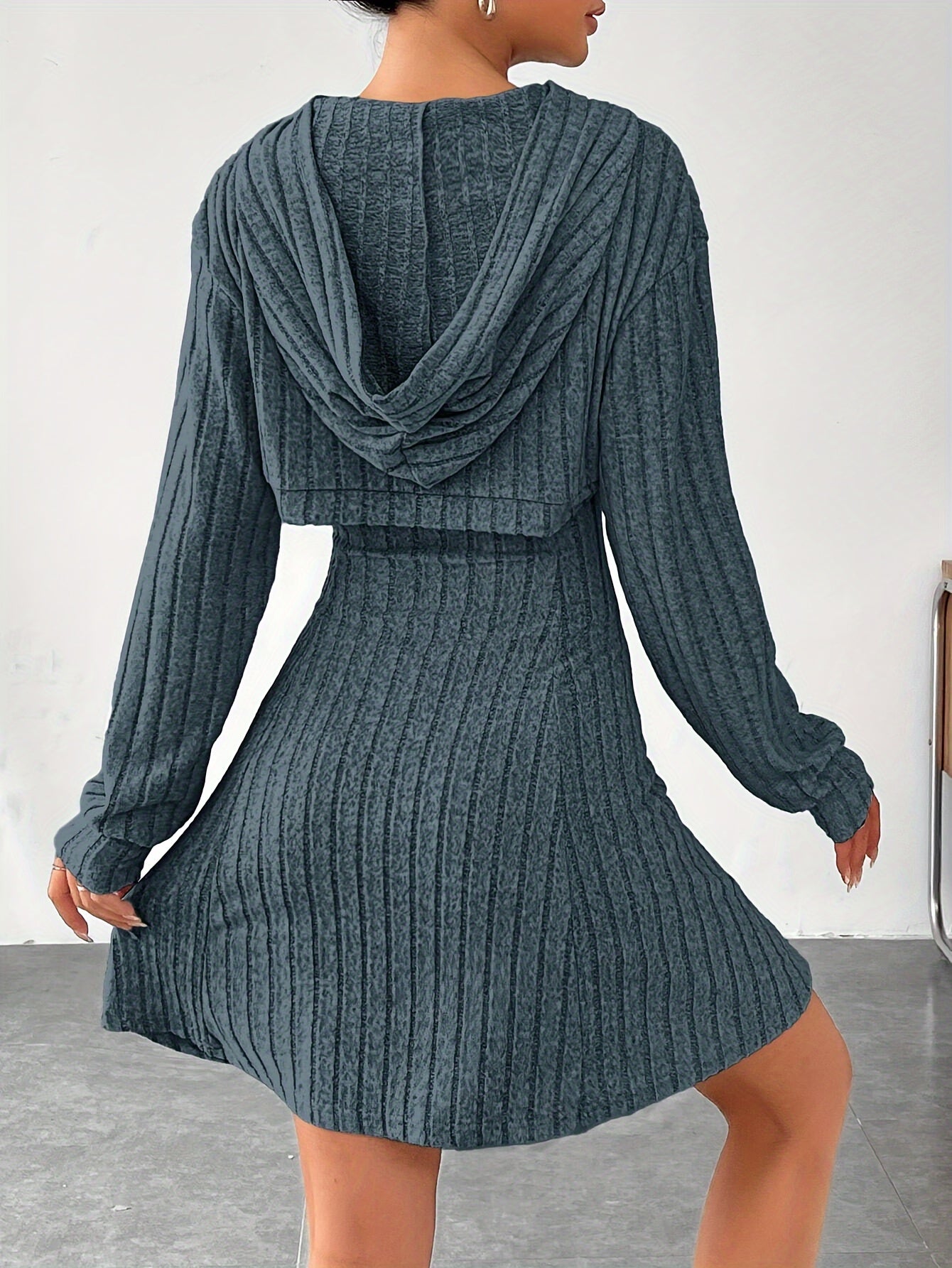 Cut-Out Ribbed Long Sleeve Solid Color Women's Hoodie Shrug Crop Top & Sleeveless Flared Square Neck A-Line Tank Dress 2-Piece Set