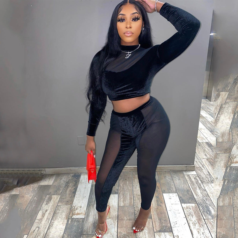 Sheer Transparent Patchwork Long Sleeve Crop Top + Colorblock Skinny Leggings Women's 2-Piece Set