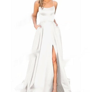 Silk Solid Color Halter Spaghetti Strap High Slit Bridesmaid/Party Formal Dress to 3X Plus Size