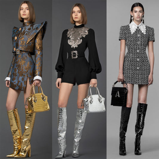 Metallic Croc Pattern Women's Solid Color Pointed Toe Square Heel Knee-High Boots