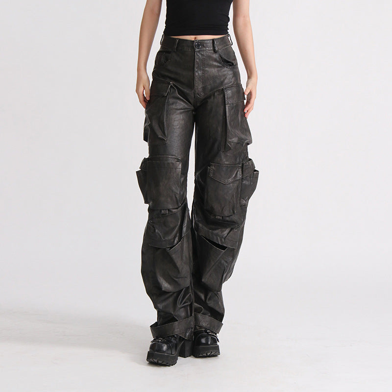 Dark Grey PU Leather High Waist Streetwear Hip-Hop Women's Cargo Multi-Pocketed Wide Leg Solid Color Pants