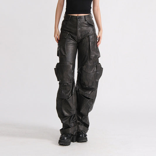 Dark Grey PU Leather High Waist Streetwear Hip-Hop Women's Cargo Multi-Pocketed Wide Leg Solid Color Pants