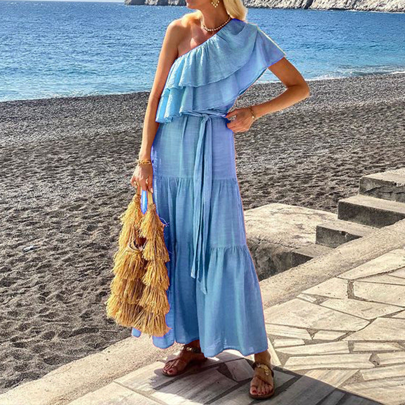 Ruffled Tiered Layered Solid Color Asymmetrical One Shoulder Cotton Linen Sash Belted Maxi Dress