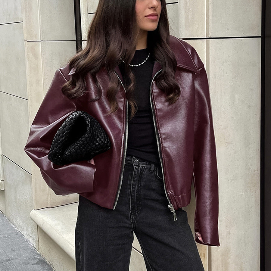PU Leather Women's Solid Color Turn-Down Collar Long Sleeve Zipper Jacket