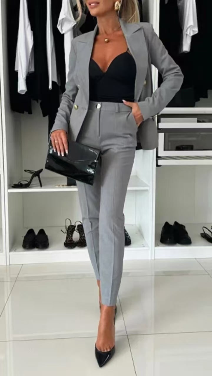 Double Breasted Button-Up Women's Blazer Jacket + Skinny Trouser Pants Women's Office Business Suit