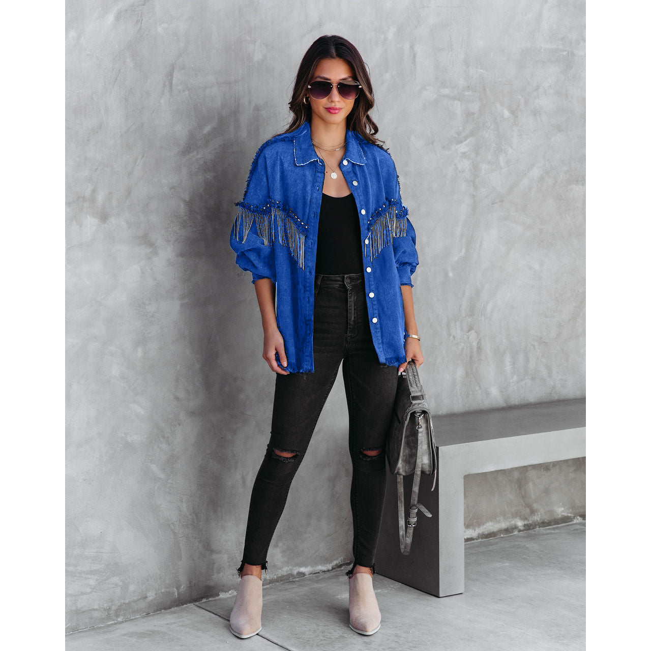 Denim Western Tassel Fringe Chain Rivet Design Women's Button-Up Jean Jacket