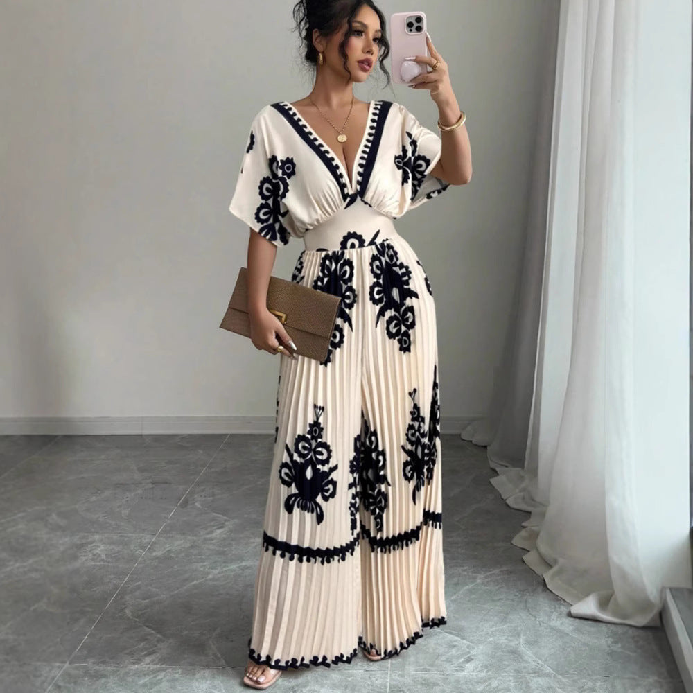 Pleated Printed Deep V-Neck Short Sleeve Wide Leg Jumpsuit