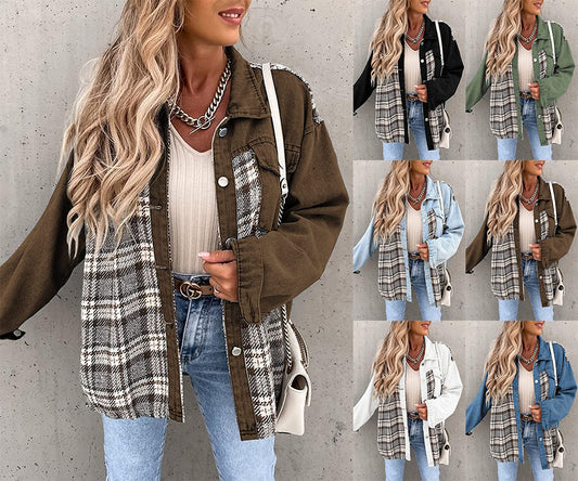 Denim Plaid Colorblock Print Long Sleeve Button-Up Women's Jean Shirt