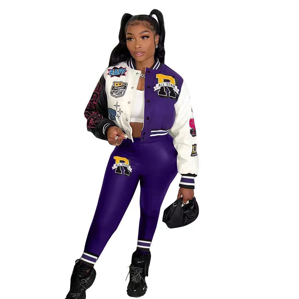 Colorblock Varsity Women's Hip-Hop Letterman's Baseball Bomber Jacket + Sweatpants 2-Piece Set