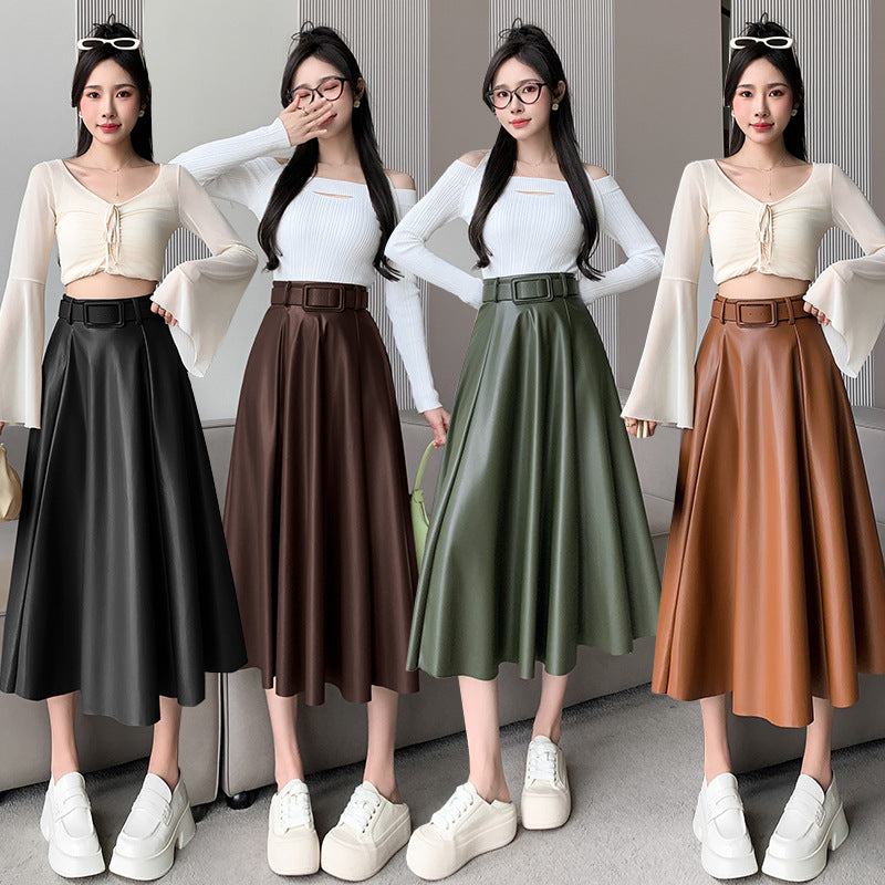 Flared Belted PU Leather A- Line High Waist Midi Skirt