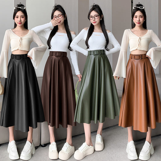 Flared Belted PU Leather A- Line High Waist Midi Skirt