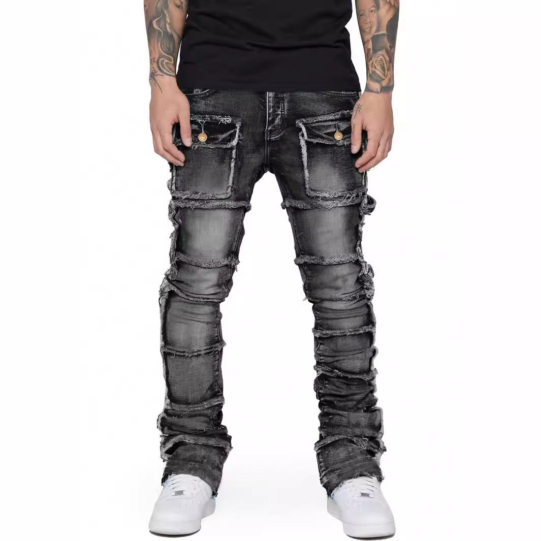 Men's Faded Denim Hip-Hop Tiered Ripped Fringe  Multi-Pocketed Skinny Cargo Jeans