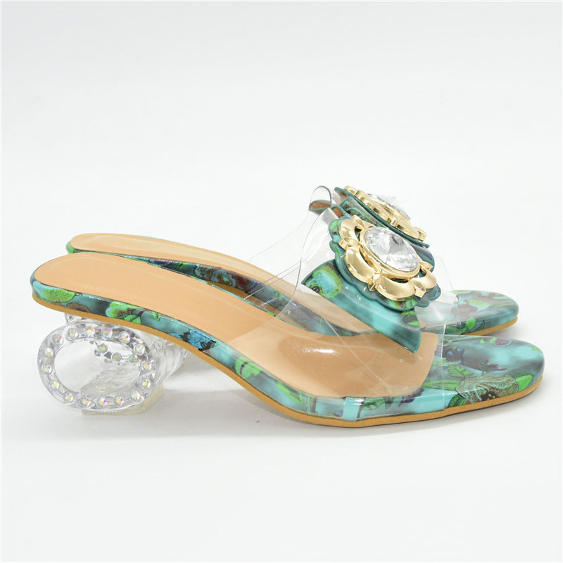 PVC Clear Transparent Rhinestone Gold Pendant Detail Women's High Heels Slipper Sandals