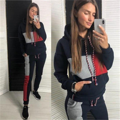 Colorblock Drawstring Pullover Women's Hoodie Sweatshirt+ Skinny Jogger Sweatpants Tracksuit