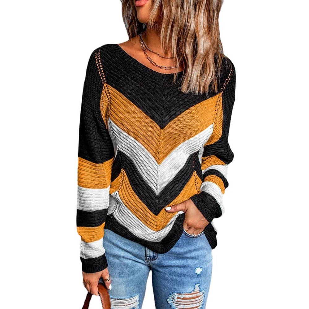 Diagnol Striped Colorblock Pattern Women's Knitted Long Sleeve Sweater to 3X Plus Size