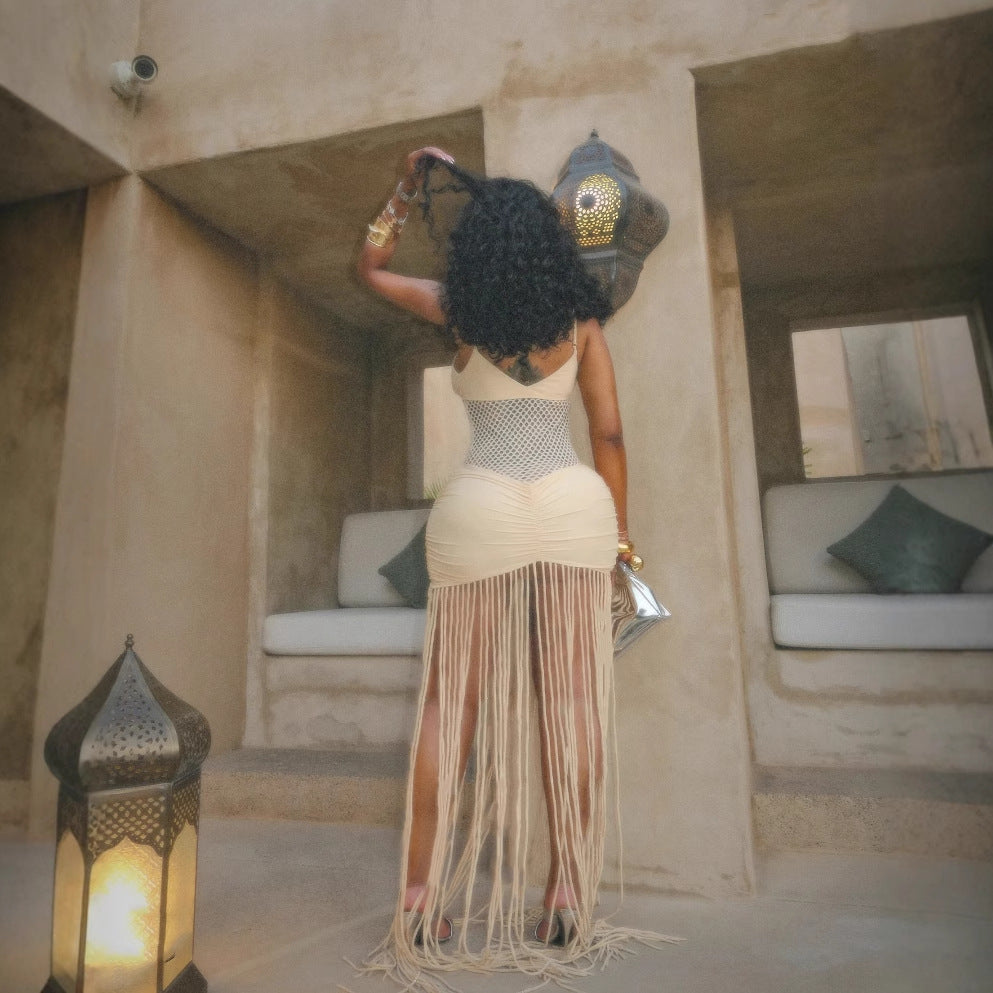 Champagne Mesh Net Hanging Tassel Fringe Design Sleeveless V-Neck Spaghetti Strap Formal Party Dress