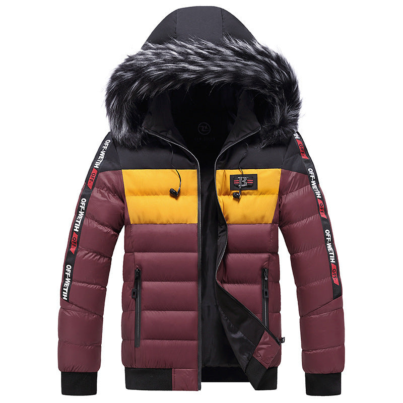 Men's Ribbed Colorblock Furry Hooded Down Puffer Ski Jacket