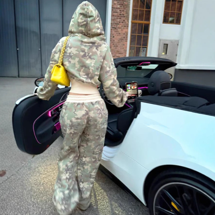 Camoflauge Long Sleeve Crop Zipper Hoodie Sweat Jacket + Drawstring Sweatpants Women's Tracksuit