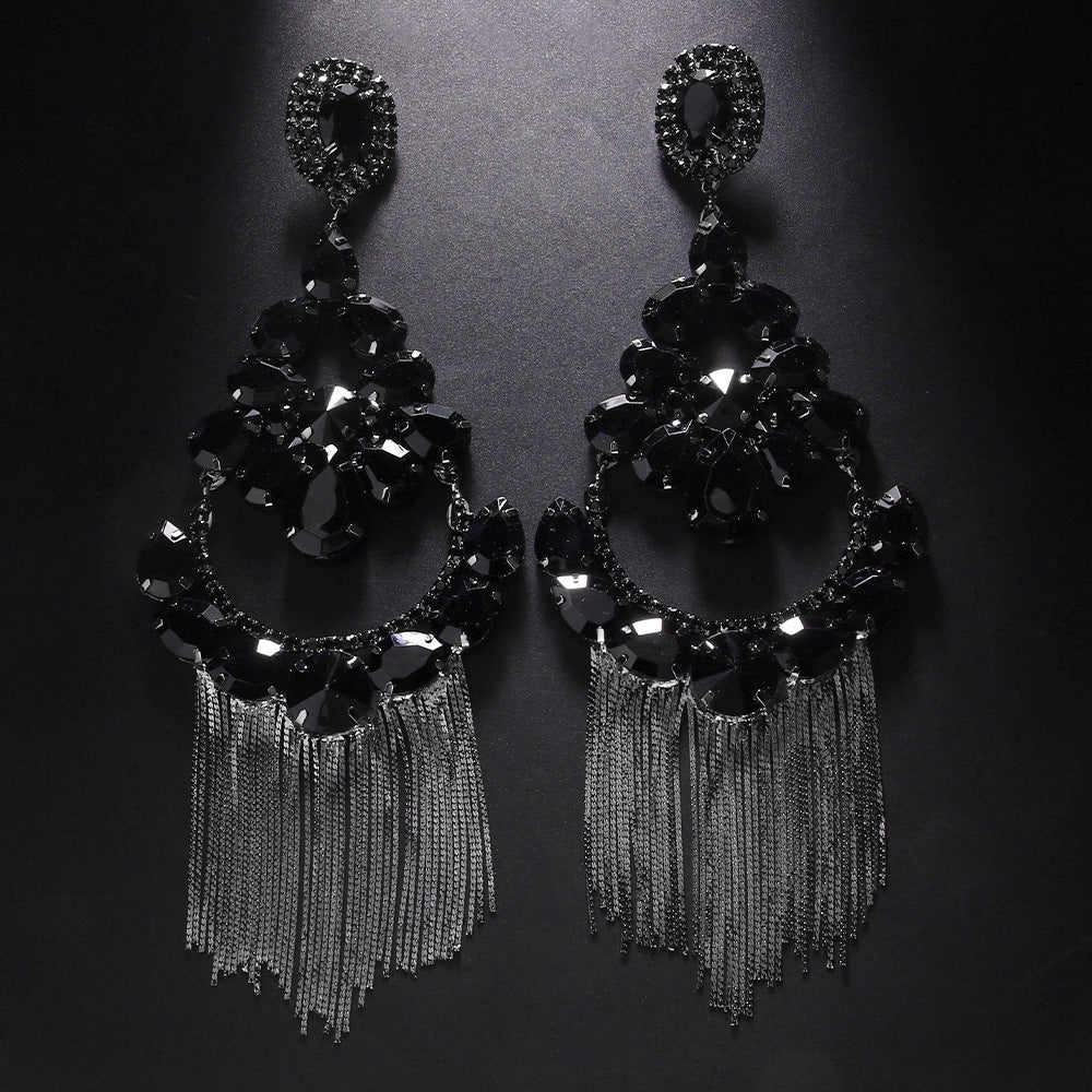 Oversized Black Metal Tassel Fringe Earrings
