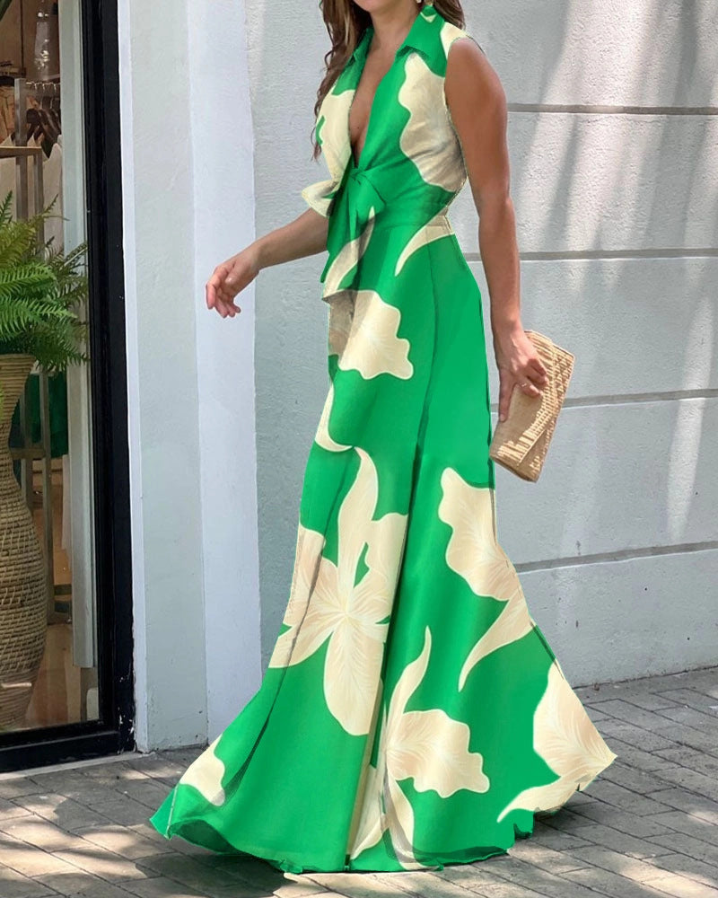 Ruffled Pleated Bowknot Lace-Up V-Neck Sleeveless Floral Print/Solid Color Wide Leg Jumpsuit
