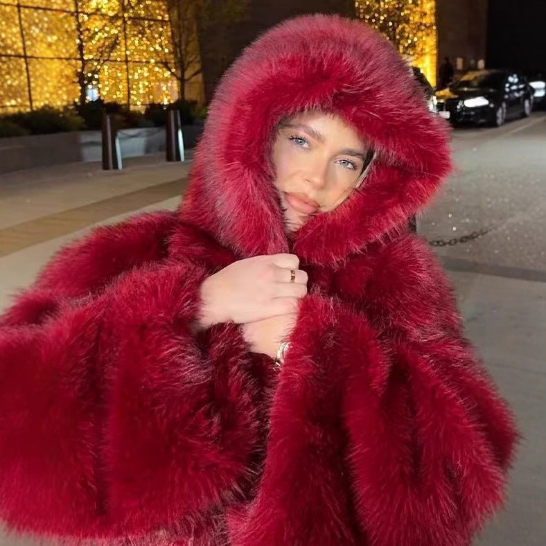 Wine Red Fuzzy Faux Fur Women's Long Sleeve Hoodie Jacket