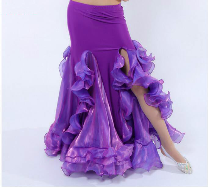 Ruffled Floral Solid Color High Slit Floor Length Formal Dancer Maxi Skirt