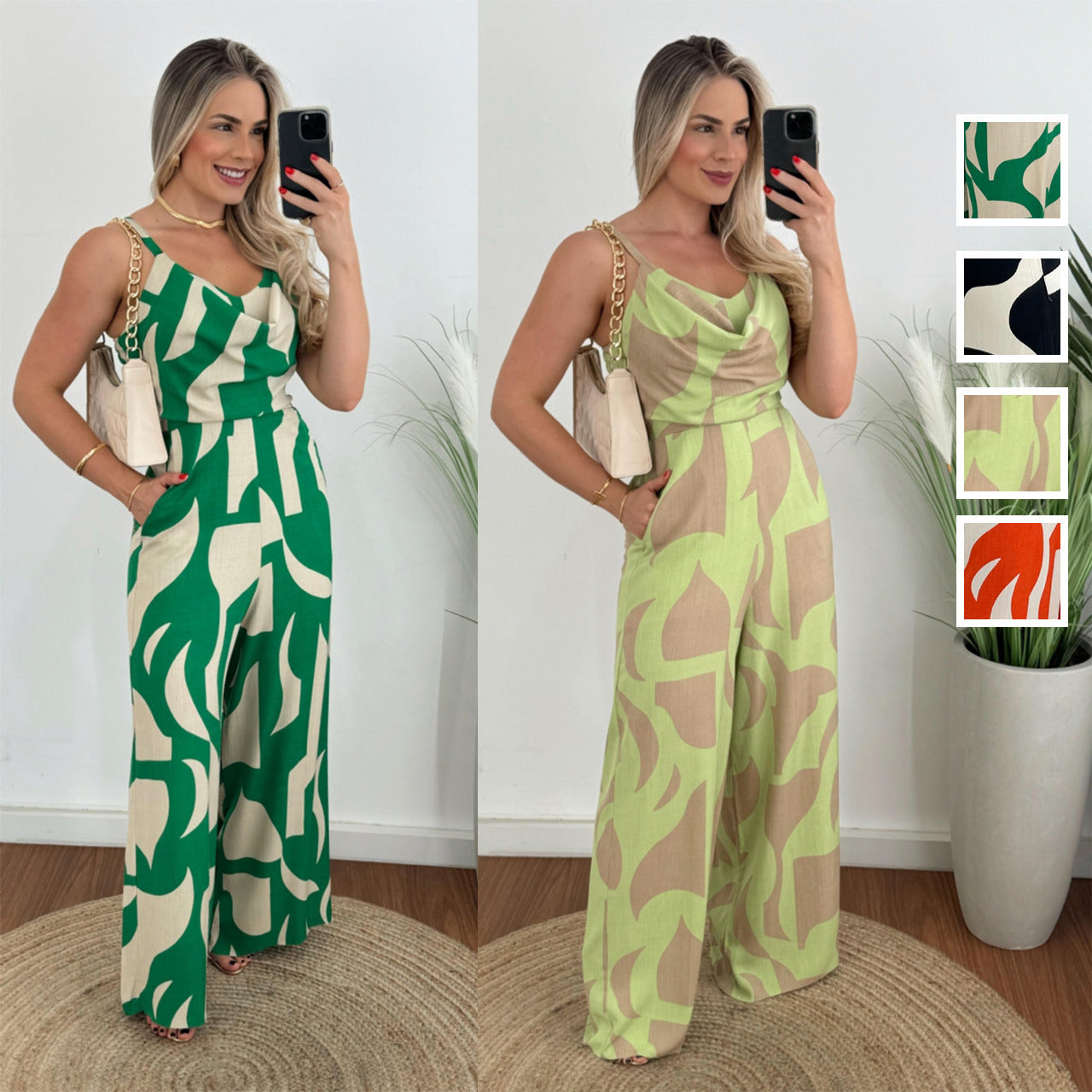 Geometric Floral Print Sleeveless Women's O-Neck Jumpsuit