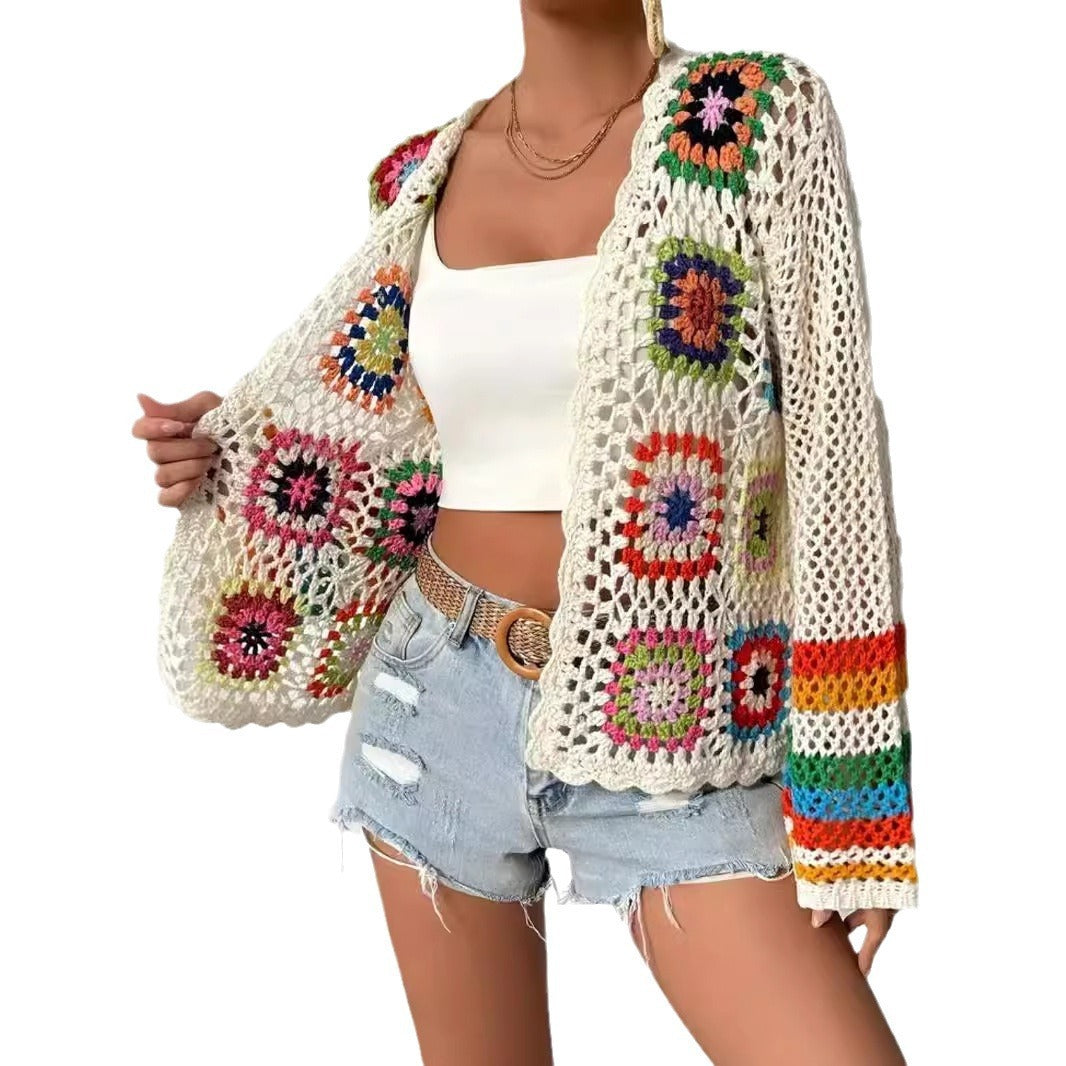 Crochet Handmade Plaid Rainbow Design Women's Cardigan Sweater