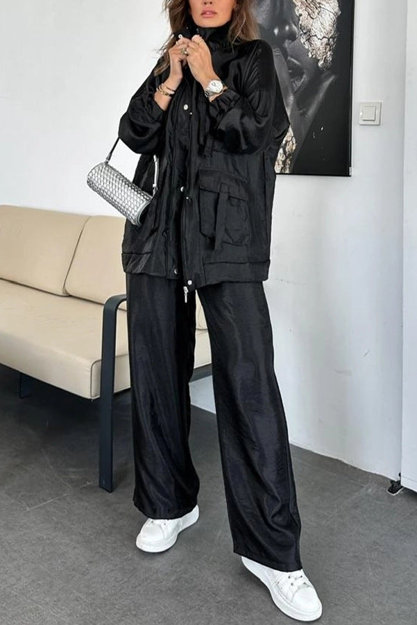 Cargo Multi-Pocketed Women's Button-Up Streetwear Jacket + Drawstring Pants Solid Color 2-Piece Set