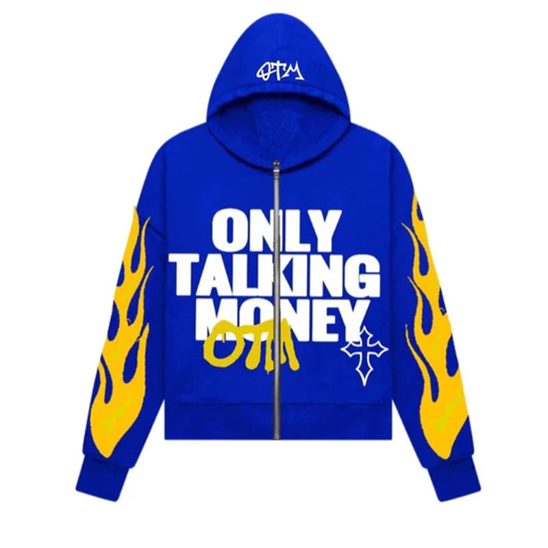 Men's "ONLY TALKING MONEY" Flame Letter Print Hip-Hop Zipper Hoodie Sweatshirts