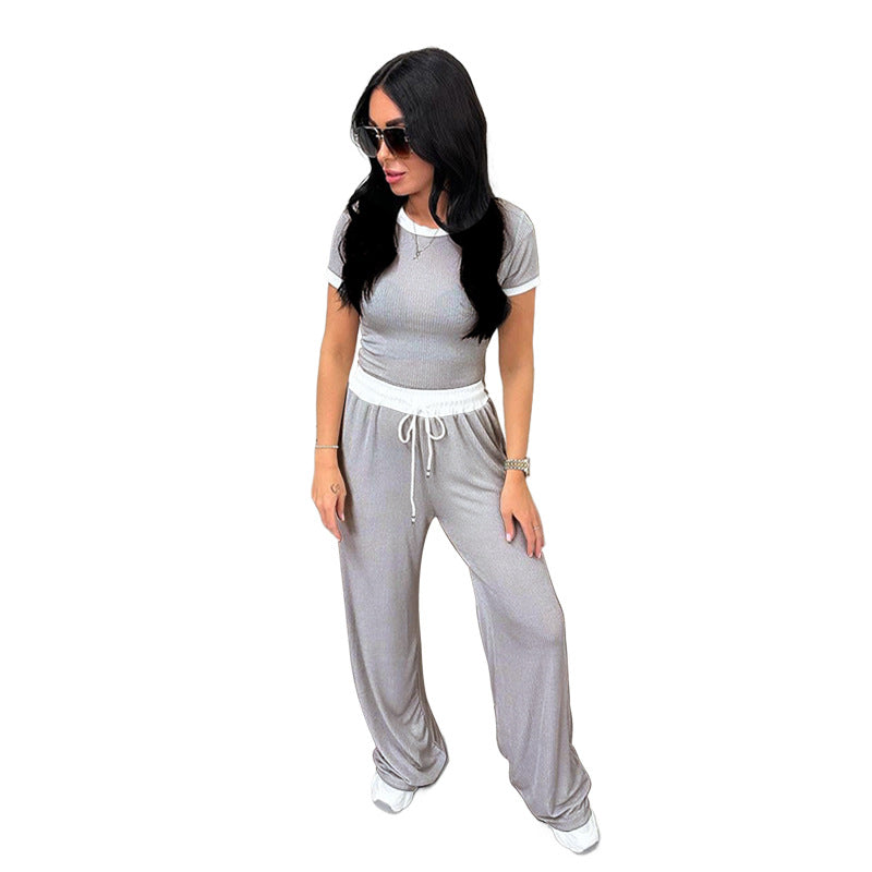 Side Striped Colorblock O-Neck Women's Short Sleeve T-Shirt + Drawstring Wide Leg Pants 2-Piece Set