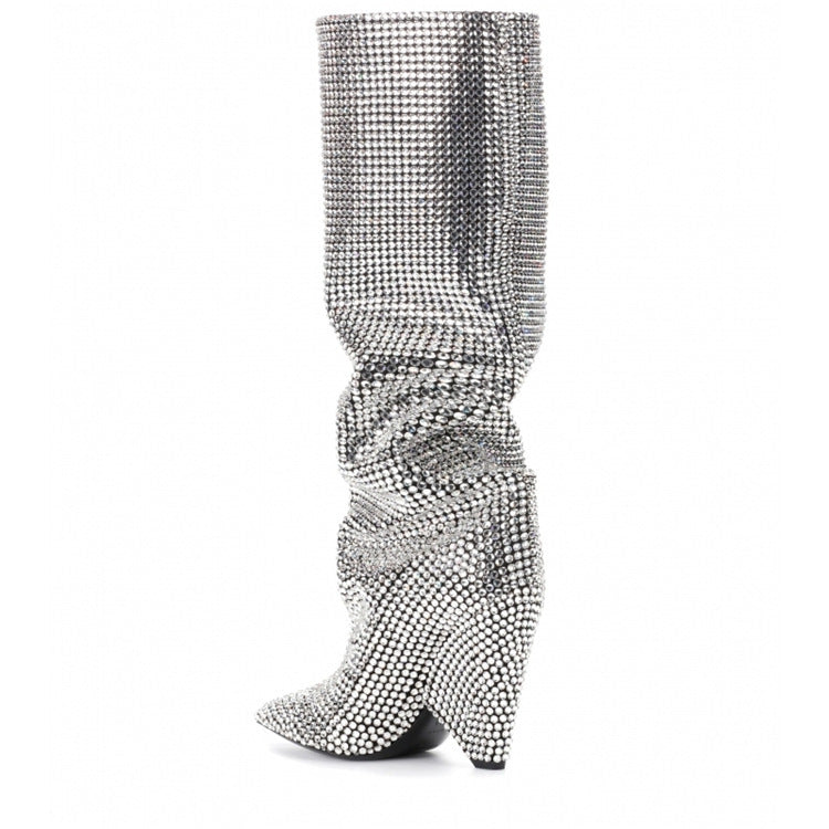 Silver/Black Diamond Metallic Sparkling Rhinestone High Heel Pointed Toe Knee-High Boots