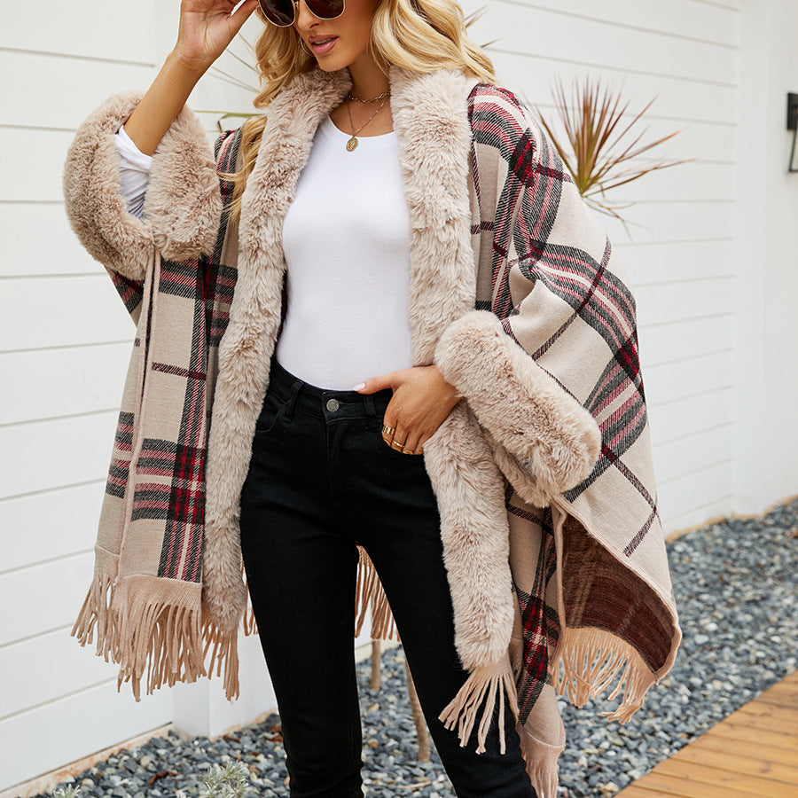 Plaid Tassel Fringe Design Women's Open Cardigan Shawl  Sweater