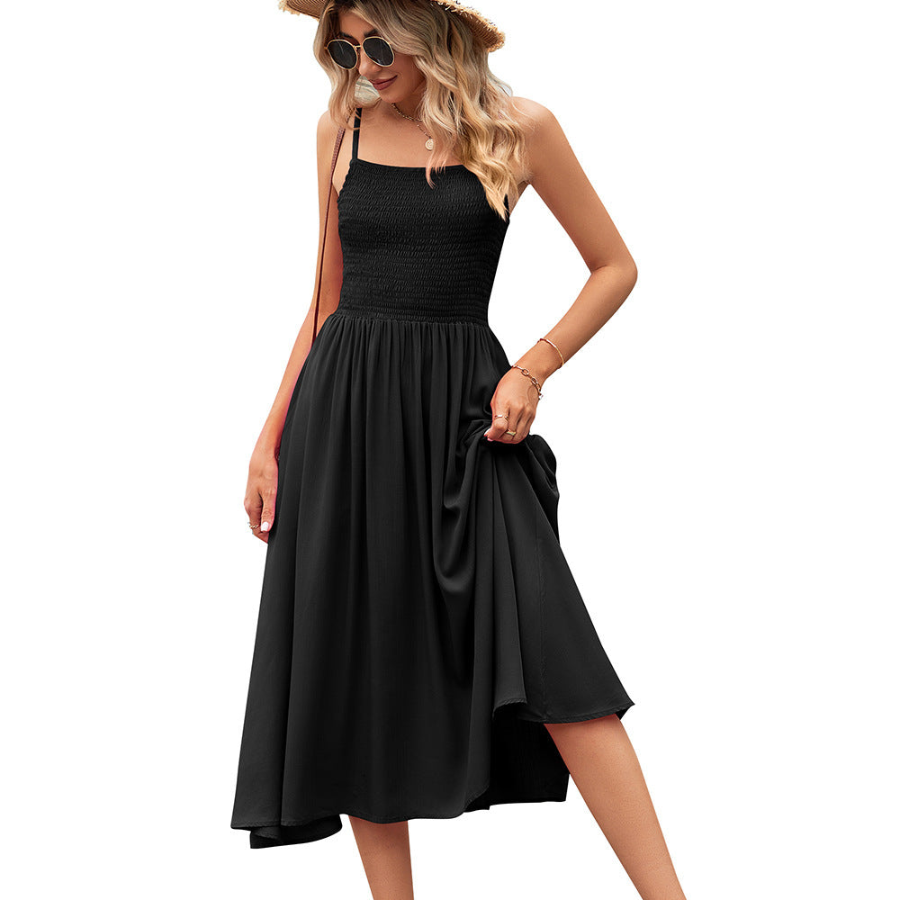Sleeveless Ruched Square Collar Pleated Bohemian Solid Color Spaghetti Strap Midi Dress