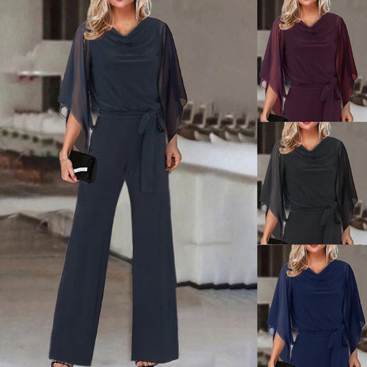 Sheer Long Sleeve Solid Color Women's High Waist Lace-Up Wide Leg Pants Jumpsuit to 3X Plus Size