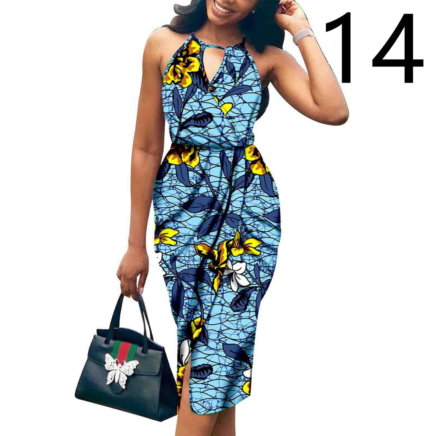 African Print Batik Cotton Sleeveless V-Neck Halter Strap Formal Party Dress to 3X Plus Size