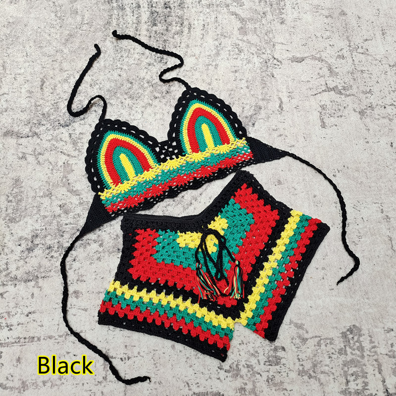 Crochet Knitted Striped Colorblock Rainbow Multi-Colored Women's Drawstring 2-Piece Bikini Swimsuit