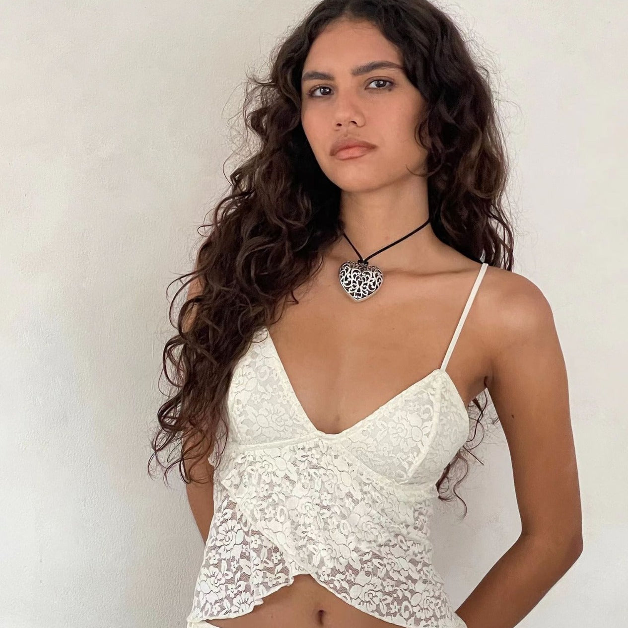 Lace Women's V-Neck Spaghetti Strap Tank Top + Ruffled Mini Skirt 2-Piece Set