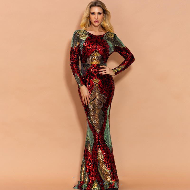 Metallic Sequin Design Backless Long Sleeve Formal Evening Gown Party Floor-Length Dress