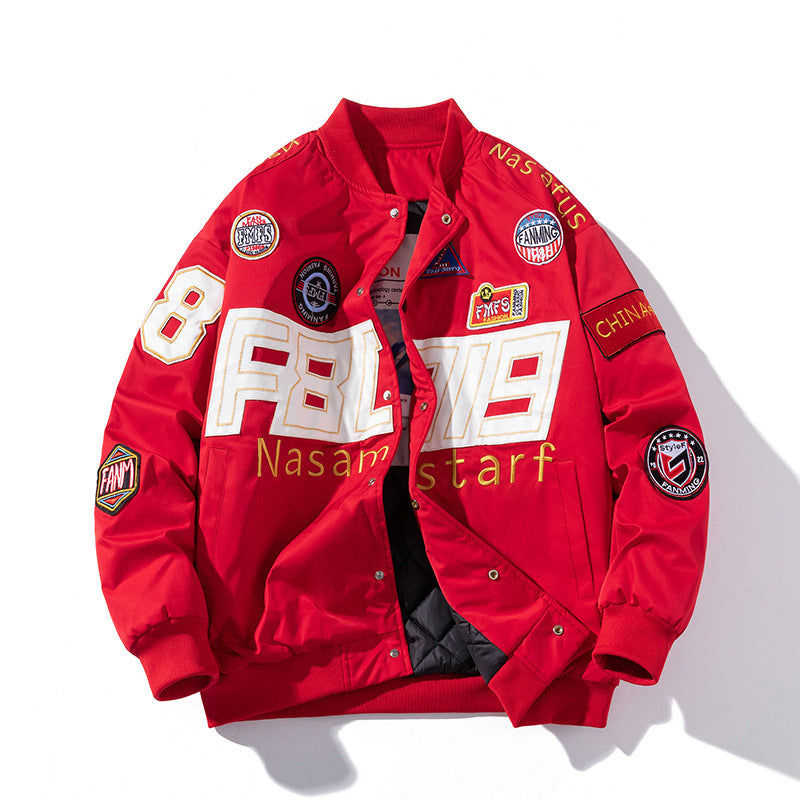 Unisex Patchwork Letter Print O-Neck Zipper Hip-Hop Baseball Bomber Jacket w/ Detachable Hood