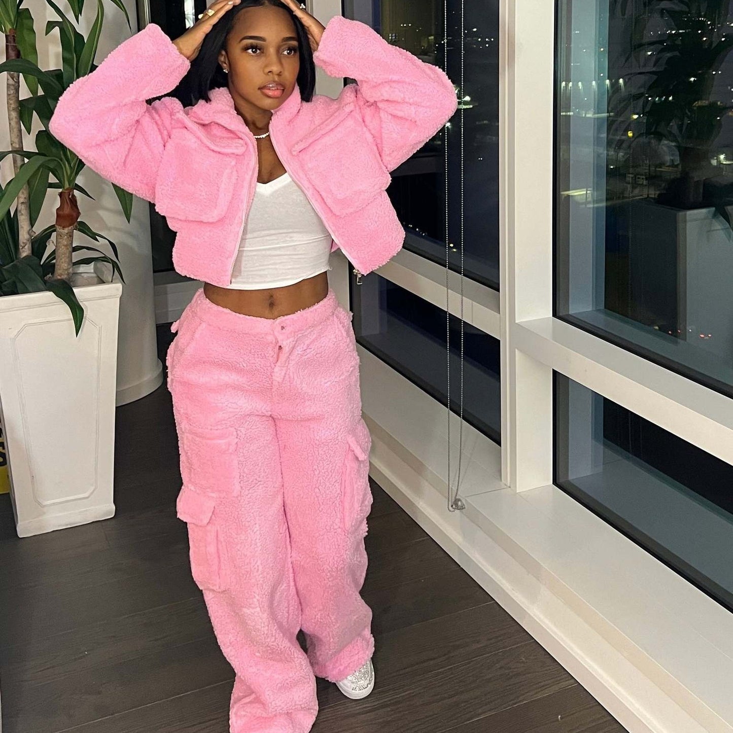 Fleece Women's Pocketed Zipper Jacket + Cargo Sweatpants Tracksuit