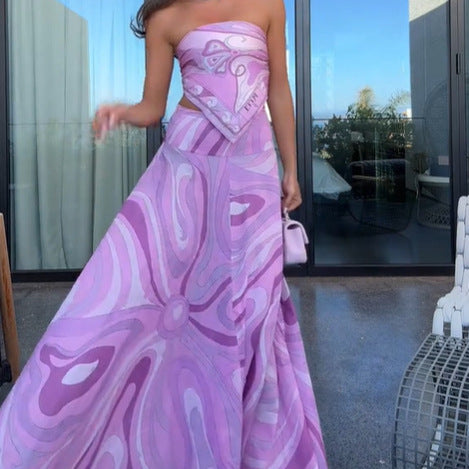 Lavender Purple Geometric Print Women's Tube Top + Oversized Flared Maxi Skirt 2-Piece Set