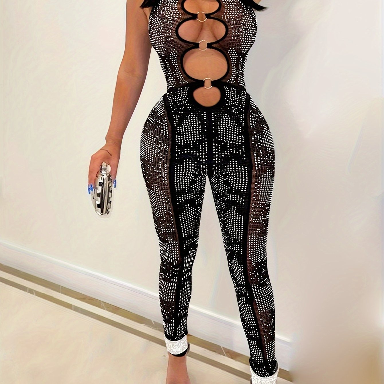 Black Metallic Rhinestone Hollow-Out Mesh Hot Drill Sleeveless Skin Tight Women'S Jumpsuit