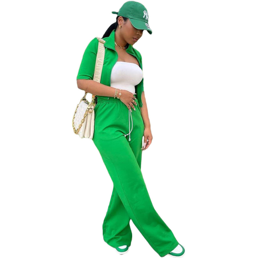 Green Short Sleeve Zipper Front Women's Cropped Shirt + Drawstring Pants Casual 2-Piece Set