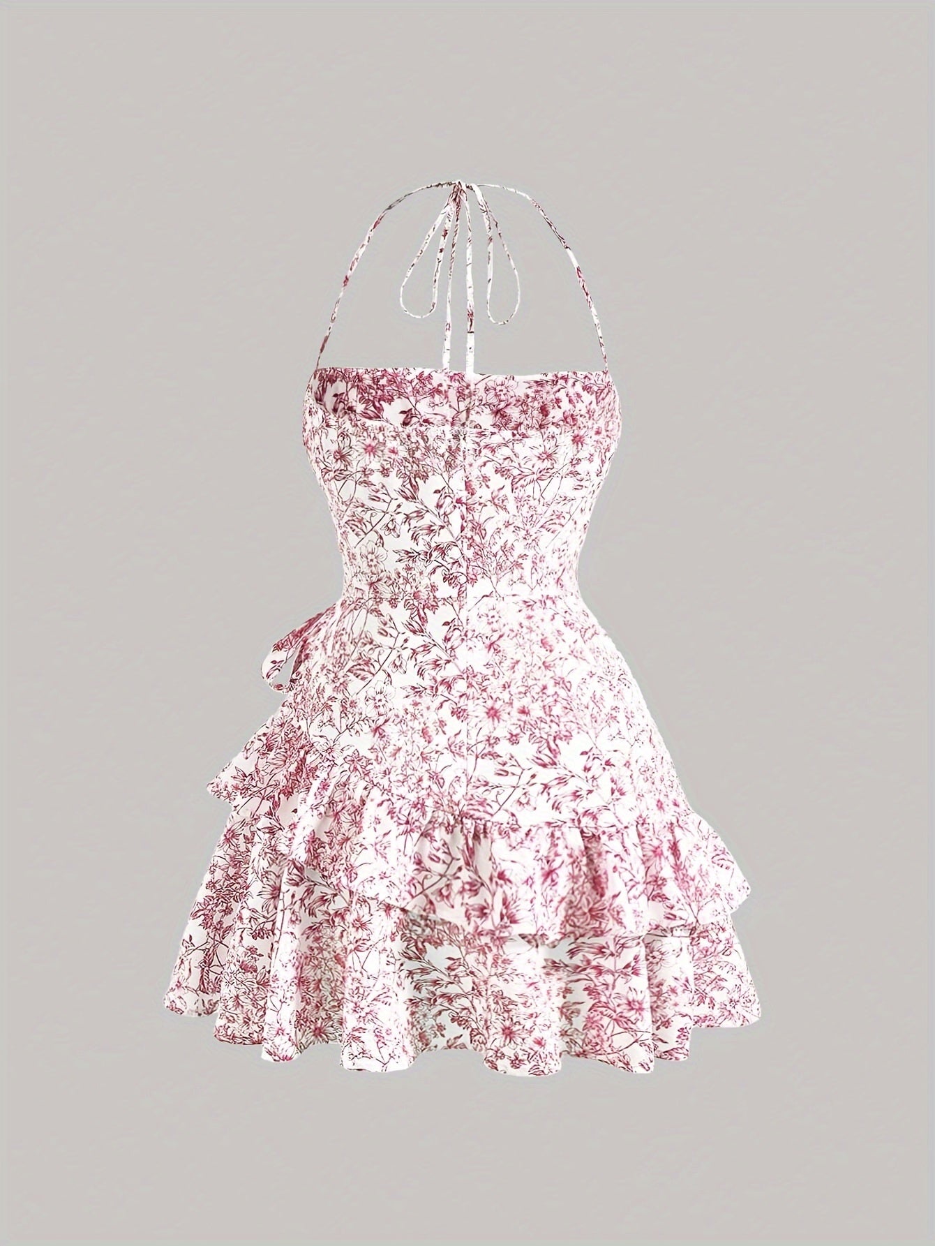 Floral Print Layered Ruffled Hem Halter Sleeveless Mini Dress