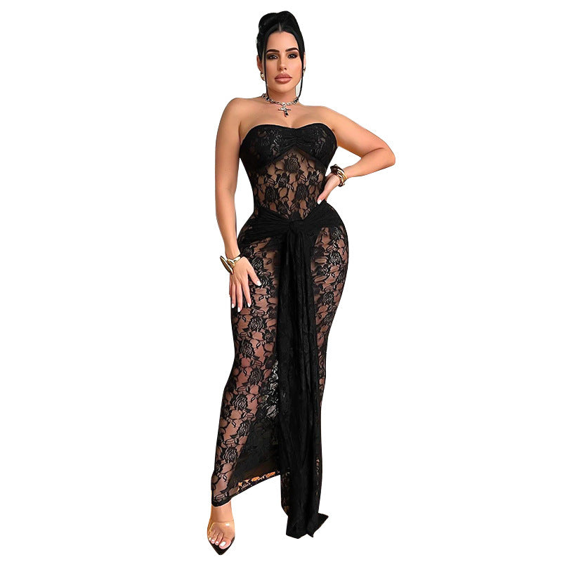 Black Lace Sheer Transparent Sleeveless Backless Formal Maxi Dress