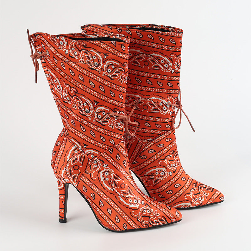 Camoflauge/Paisley Bandana Print Drawstring Women's Pointed Toe High Heel Ankle Boots