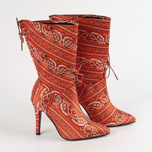 Camoflauge/Paisley Bandana Print Drawstring Women's Pointed Toe High Heel Ankle Boots